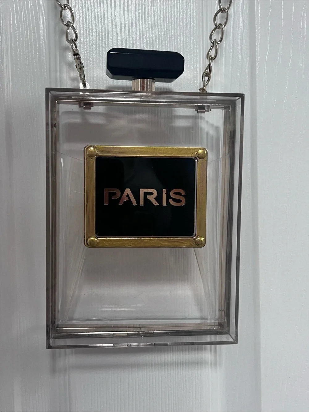 Clear Paris Perfume Bottle Cross Body Purse - Gold & Black Accents